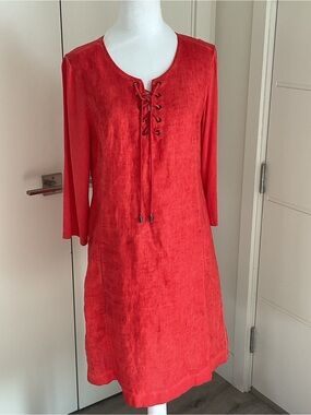 ****YEST****Vibrant Lace-Up Linen Mix Shift Dress with Pockets.